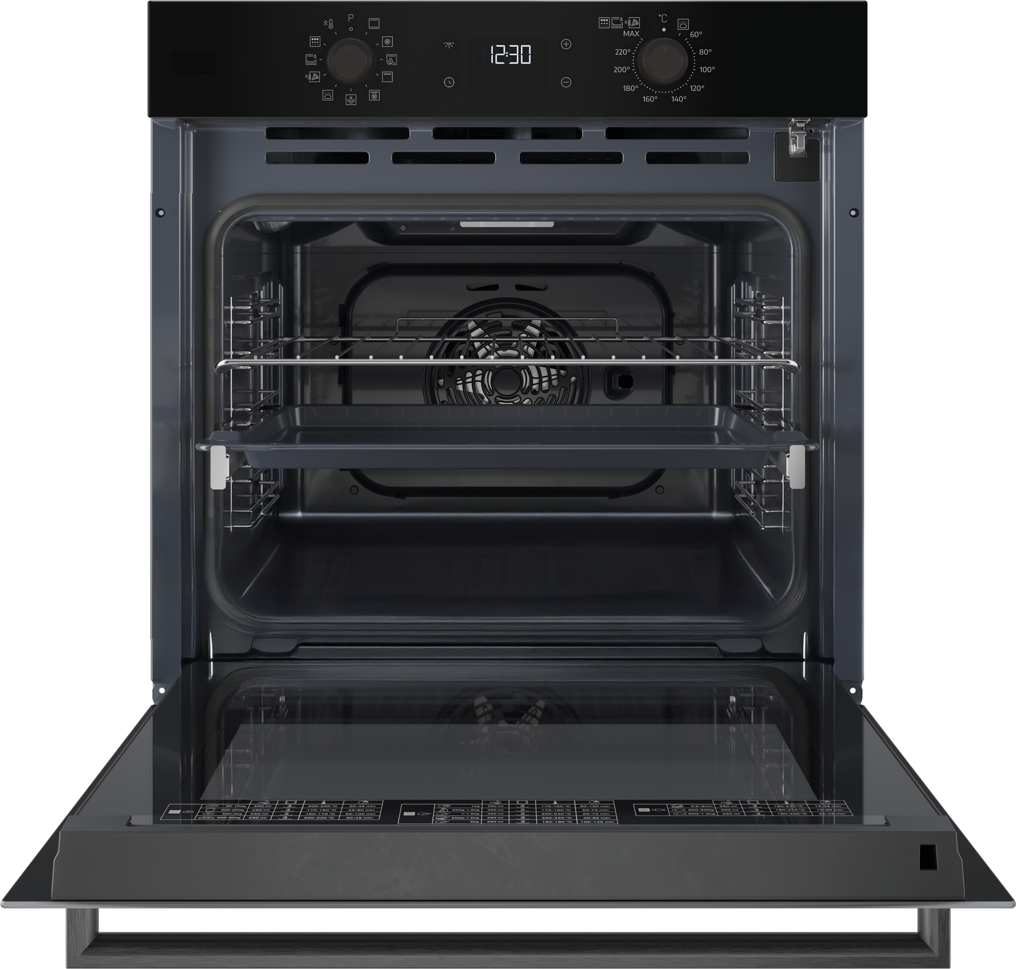 Nowoczesny piekarnik do zabudowy z otwartą komorą, wentylatorem i kontrolkami.