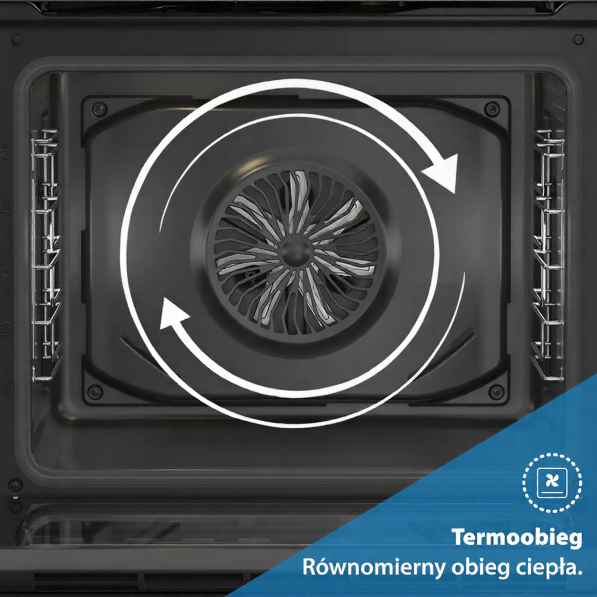 Widok wnętrza piekarnika z wentylatorem i strzałkami cyrkulacji.