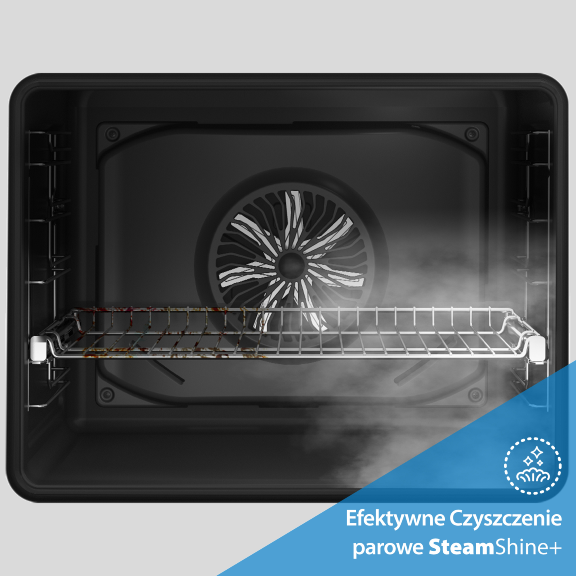 Wnętrze piekarnika z parą i rusztem. Wentylator z tyłu.