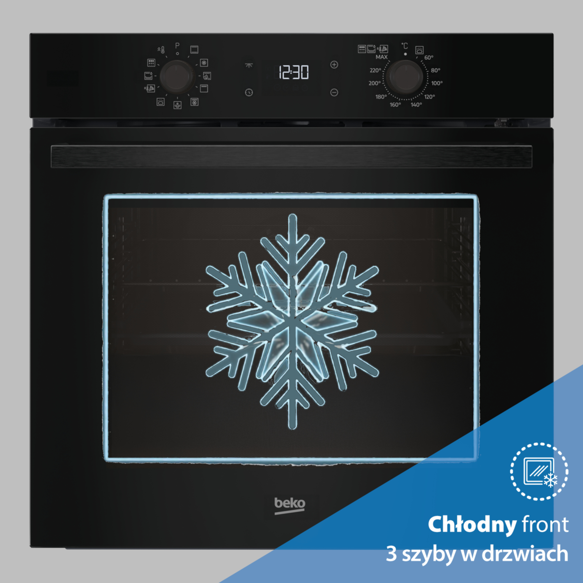 Czarny piekarnik z cyfrowym wyświetlaczem i ikoną płatka śniegu.