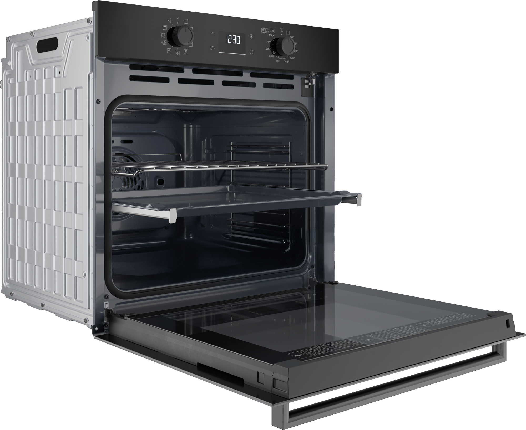 Nowoczesny piekarnik wpuszczany z otwartymi drzwiami i wysuwanym rusztem.