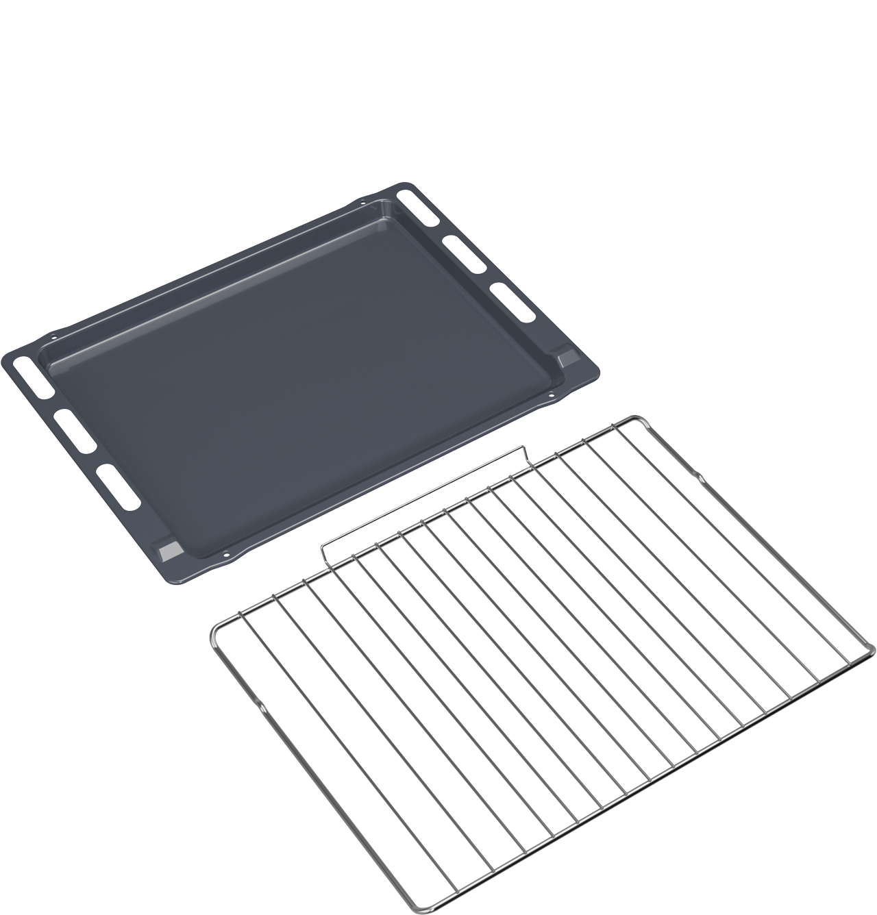 Szara blacha do pieczenia i chromowany ruszt leżą obok siebie na czarnym tle.