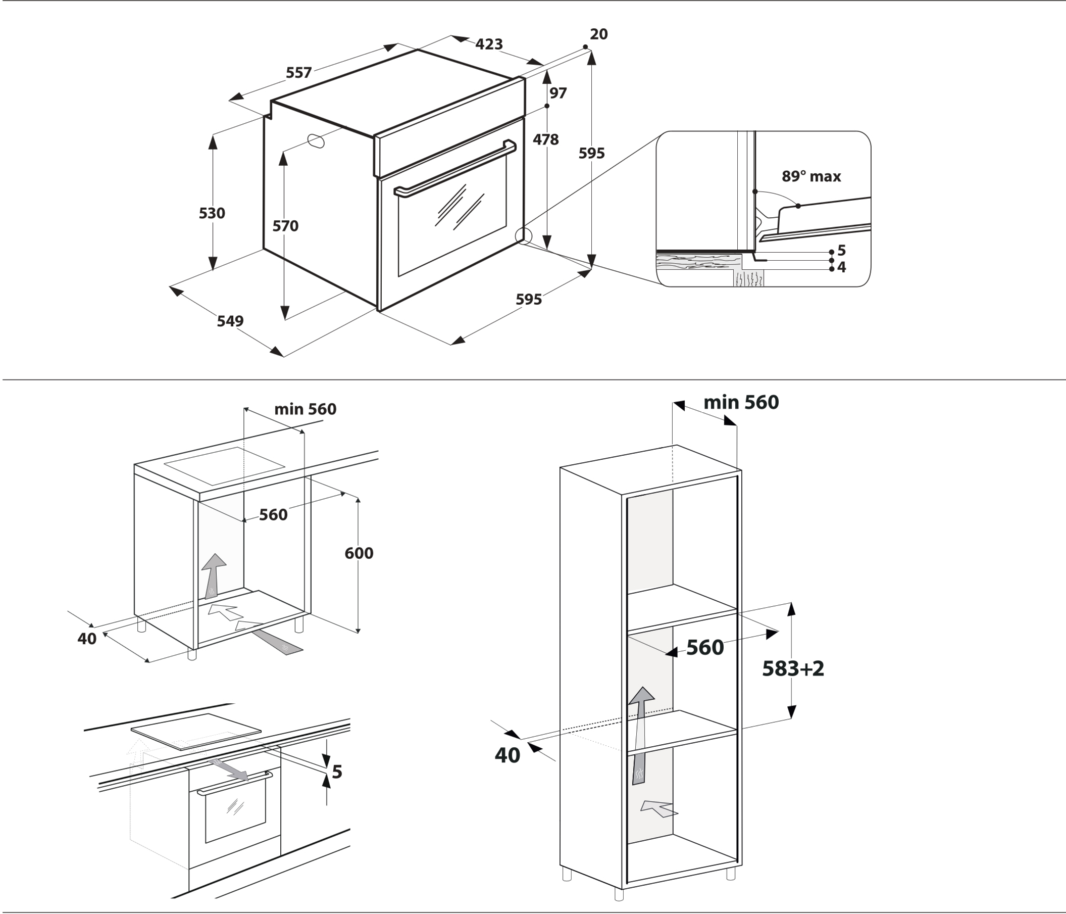 Rysunek techniczny piekarnika do zabudowy z wymiarami i detalami instalacji.