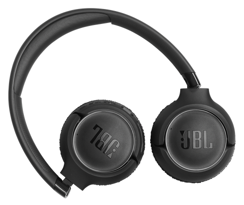 Czarne słuchawki JBL z pałąkiem na czarnym tle.