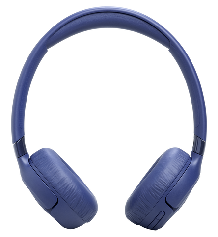 Niebieskie słuchawki z wyściełanymi nausznikami i regulowanym pałąkiem.