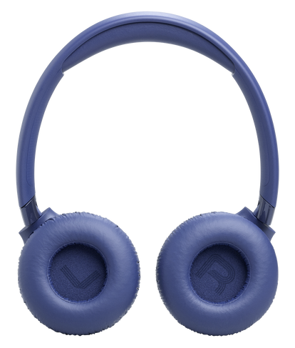 Niebieskie słuchawki z nausznikami i oznaczeniami L/R na czarnym tle.