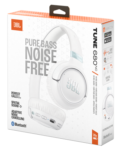 Pudełko białych słuchawek JBL Tune 680NC. Zawiera "Pure Bass Noise Free" i Bluetooth.