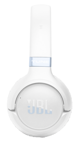 Białe słuchawki JBL z niebieskim paskiem i logo.