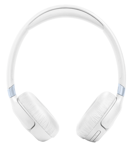 Białe słuchawki nauszne z wzorzystym pałąkiem i nausznikami.