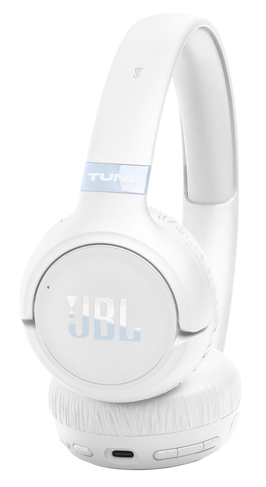 Białe słuchawki JBL z niebieskim logo i napisem Tune.