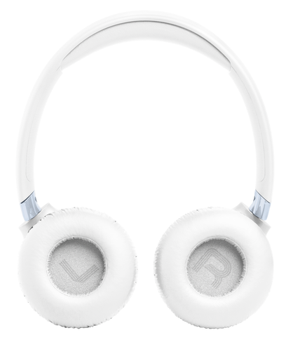 Białe słuchawki z wyściełanymi nausznikami i oznaczeniami L/R.