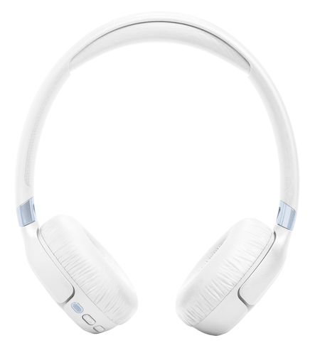 Białe słuchawki nauszne z wyściełanymi nausznikami i regulowanym pałąkiem.