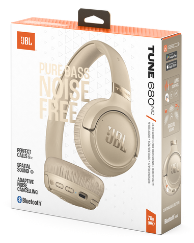 Beżowe słuchawki JBL Tune 680NC na opakowaniu, z funkcją ANC i Bluetooth.