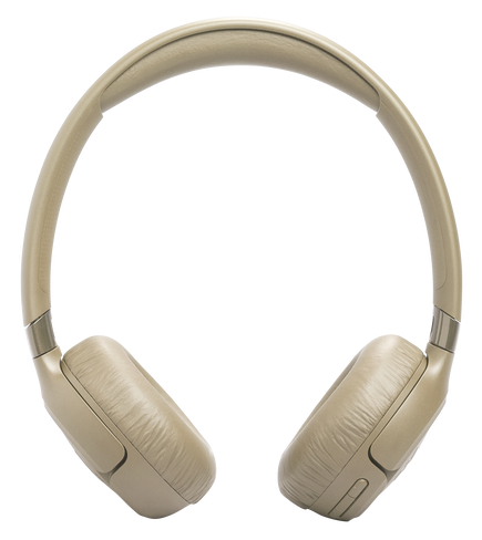 Beżowe słuchawki nauszne z wyściełanymi nausznikami i wyściełanym pałąkiem.