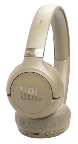 Beżowe słuchawki JBL z napisem "TUNE" i portem USB-C.