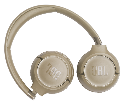 Beżowe słuchawki JBL z pałąkiem i nausznikami.