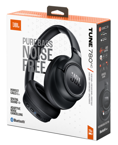 Czarne słuchawki JBL z ANC na zadrukowanym pudełku.