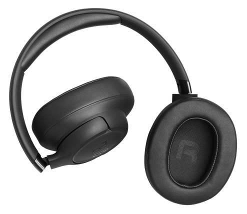 Czarne słuchawki nauszne z wyściełanymi nausznikami i oznaczeniem R.
