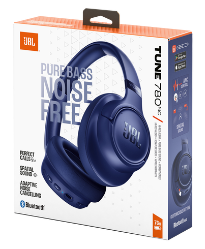 Ciemnoniebieskie słuchawki JBL z napisem „Pure Bass Noise Free” na opakowaniu.