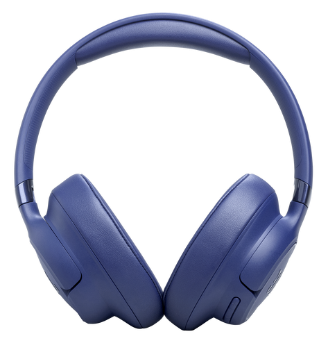 Ciemnoniebieskie słuchawki nauszne z pałąkiem, leżące na czarnym tle.