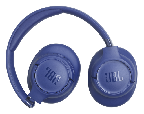 Niebieskie słuchawki JBL z wyściełanym pałąkiem i nausznikami.