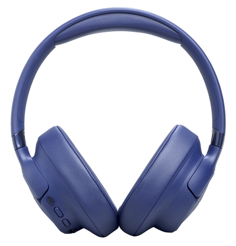 Granatowe słuchawki z wyściełanym pałąkiem i nausznikami.