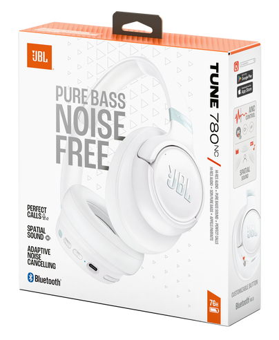 Białe słuchawki JBL Tune 780NC na opakowaniu.
