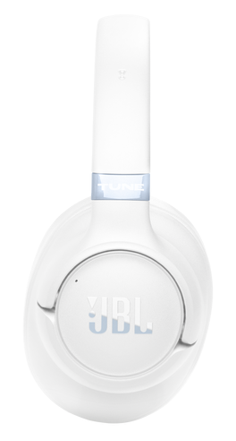 Białe słuchawki z logo JBL na nauszniku i napisem TUNE.