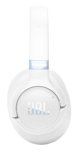 Białe słuchawki JBL ze srebrnym napisem "TUNE" na pałąku.