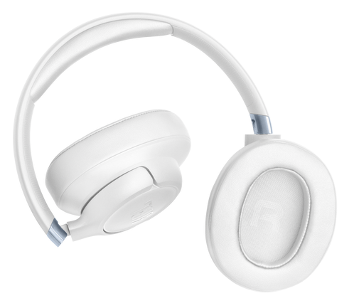 Białe słuchawki z wyściełanymi nausznikami i regulowanym pałąkiem.