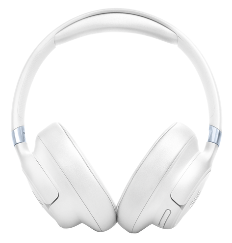 Białe słuchawki nauszne z wyściełanymi nausznikami i wyściełanym pałąkiem.