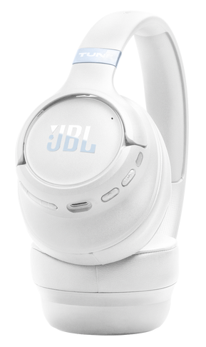 Białe słuchawki JBL z niebieskim napisem „TUNE” na pałąku.