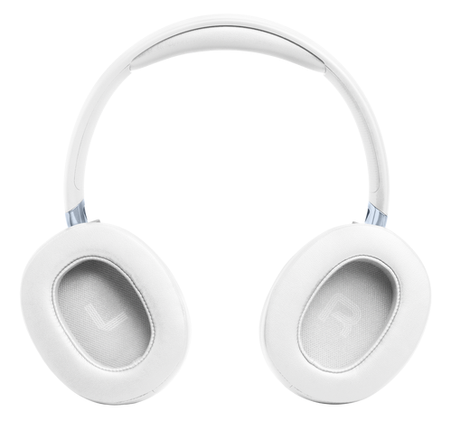 Białe słuchawki z wyściełanymi nausznikami i pałąkiem.