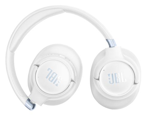 Białe słuchawki JBL z lekko zakrzywionym pałąkiem i niebieskimi akcentami.