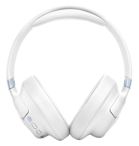 Białe słuchawki nauszne z niebieskim akcentem i przyciskami.