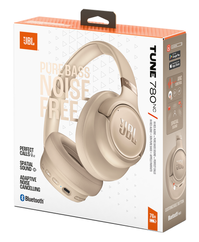 Beżowe słuchawki JBL w opakowaniu z napisem "Pure Bass Noise Free".