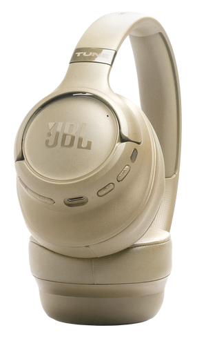 Beżowe słuchawki JBL z nausznikami i pałąkiem. Widoczna jest marka JBL.