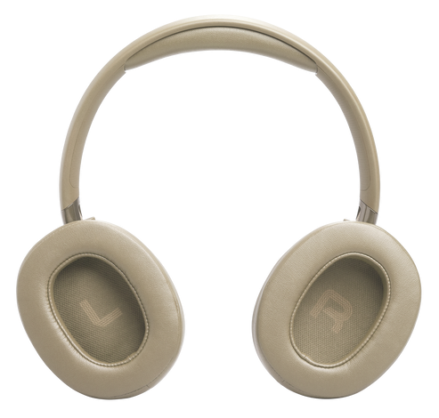 Beżowe słuchawki nauszne z wyściełanymi nausznikami i pałąkiem. Widoczne L i R.