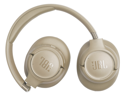 Złote słuchawki JBL z wyściełanym pałąkiem, na czarnym tle.