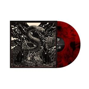 Schwarzer und roter Vinyl-Schallplatte mit Schlangen- und Hundemotiv.