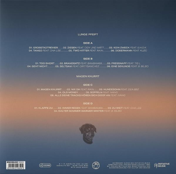 Rückseite eines Albums mit Songtiteln und einem Hundekopfbild.