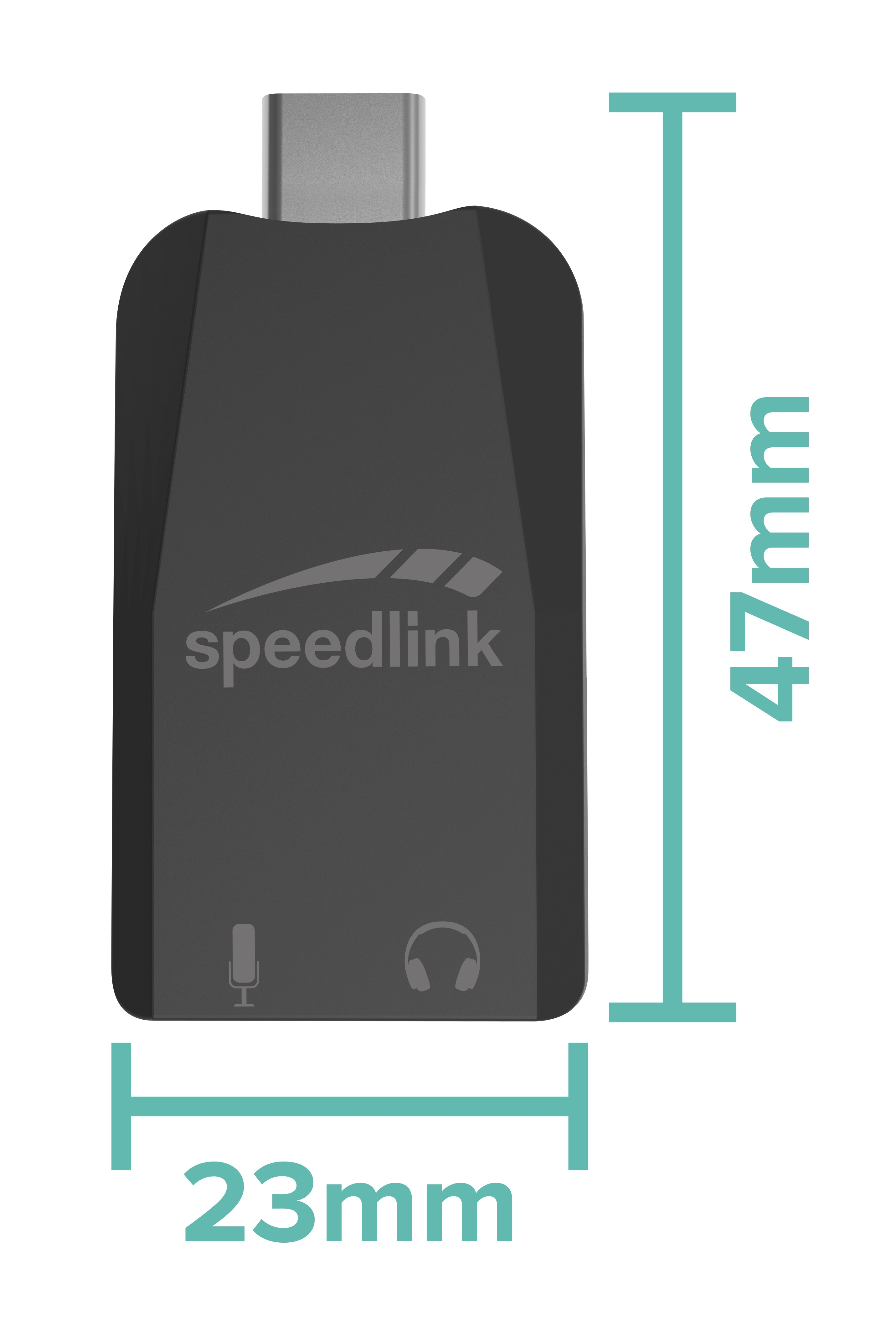 Schwarzer USB-C-Adapter mit Mikrofon- und Kopfhörersymbolen. Maße 23x47mm.