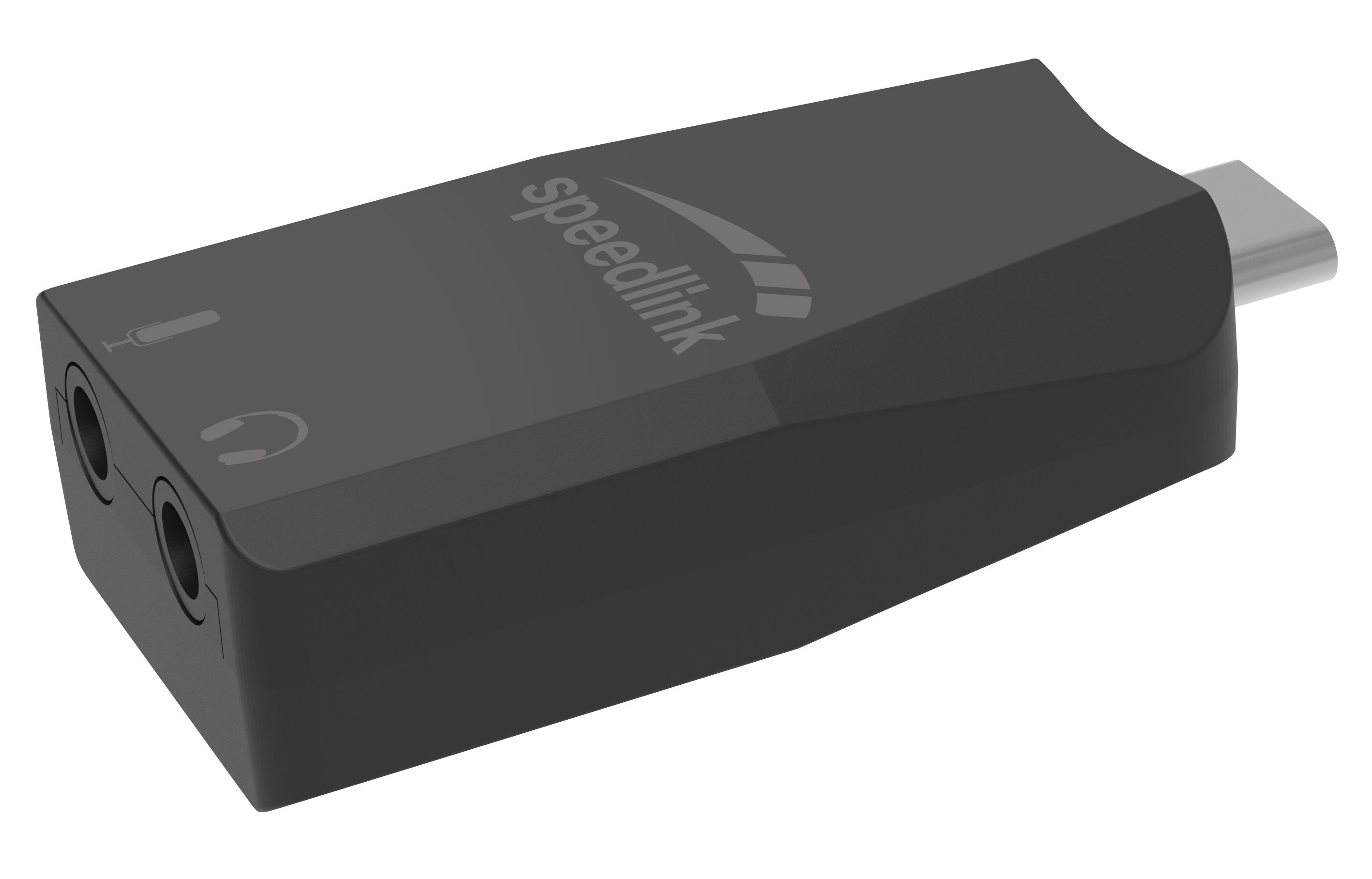 Schwarzer USB-C-Adapter mit Anschlüssen für Mikrofon und Kopfhörer.