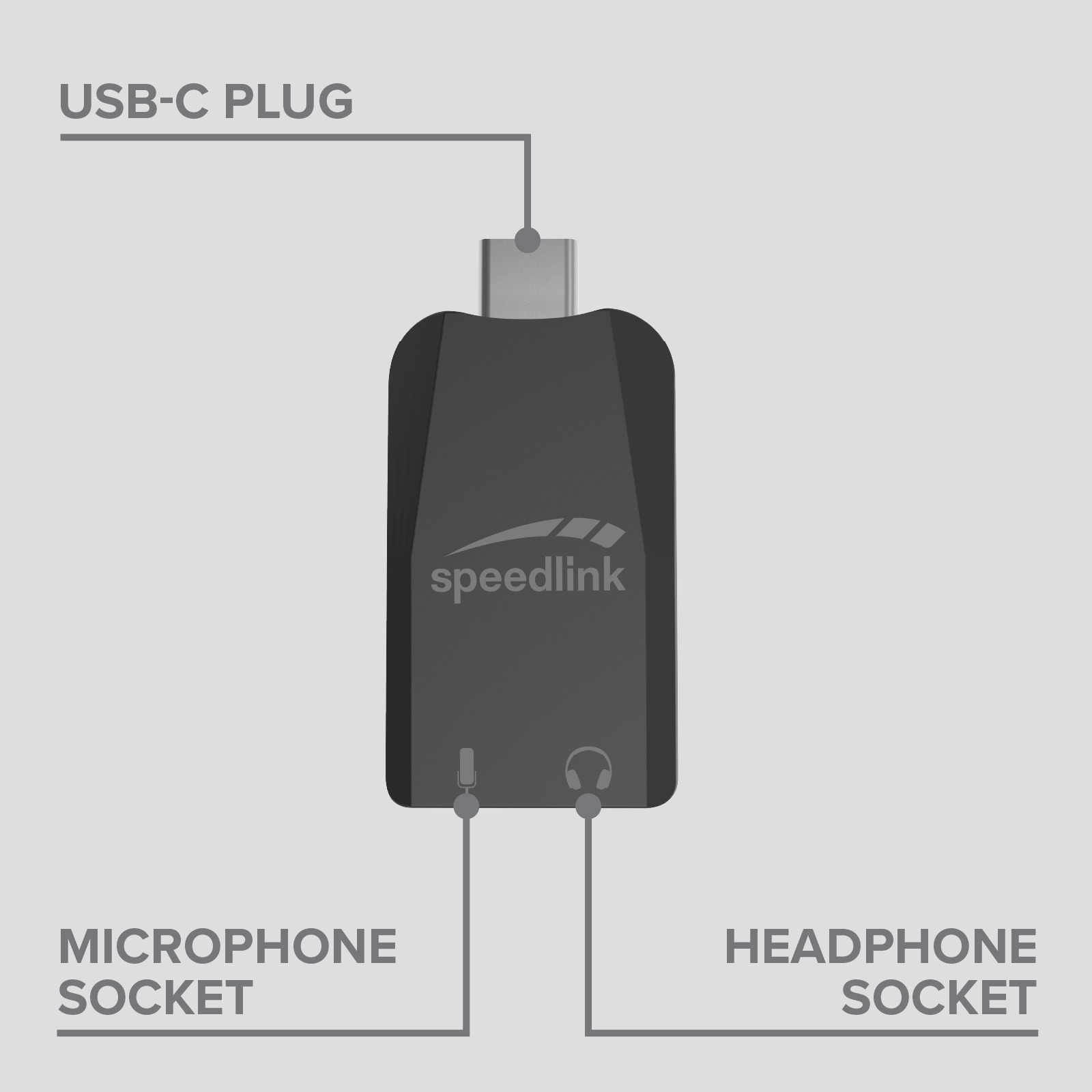 Ein schwarzer USB-C-Adapter mit Mikrofon- und Kopfhöreranschluss.
