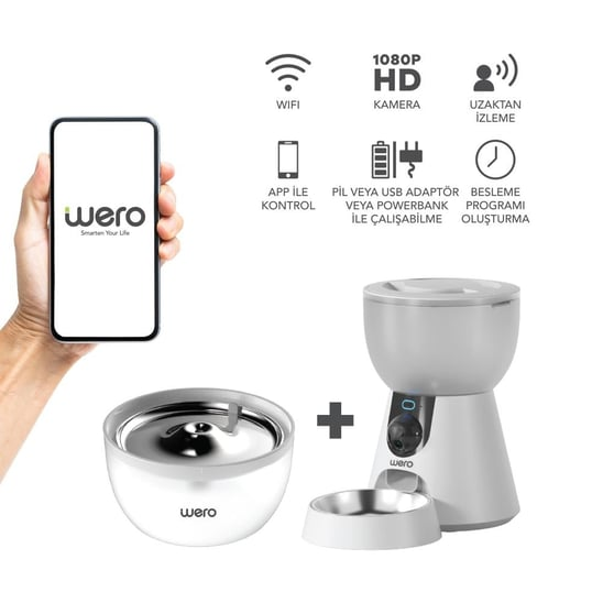 Bir akıllı telefon Wero logosunu gösteriyor. Yanında su sebili ve mama kabı var.