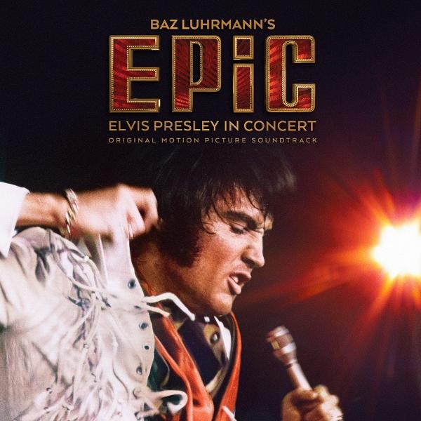 Elvis Presley singt ins Mikrofon, mit dem Titel 'EPIC' im Hintergrund.