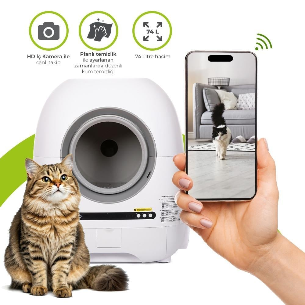 Bir kedi, telefon ekranında gösterilen kendi kendini temizleyen bir kedi tuvaletinin yanında oturuyor.