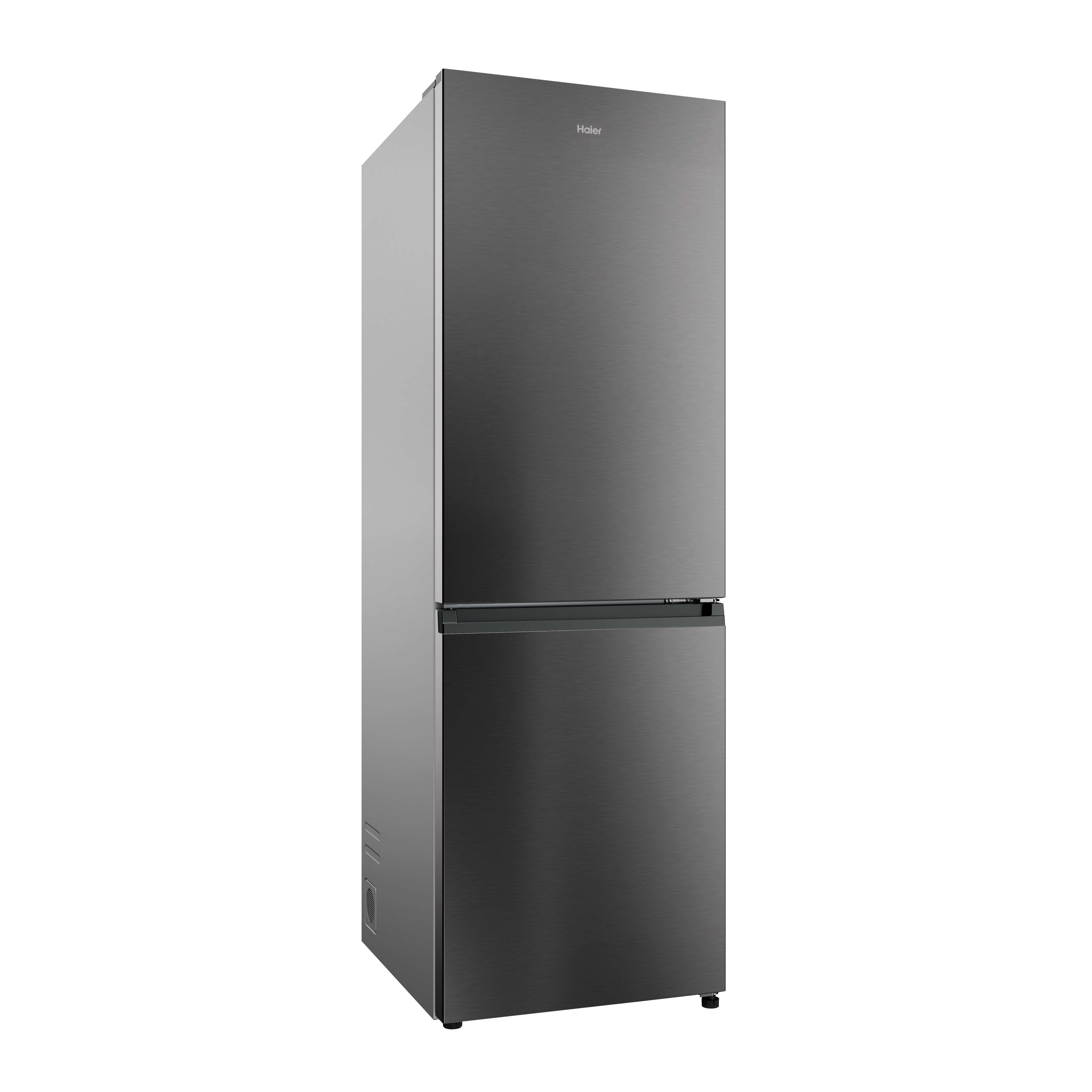 Ein dunkler Haier-Kühlschrank mit zwei Türen, weißer Hintergrund.