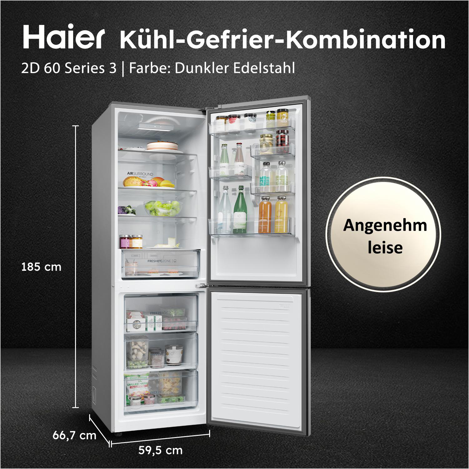 Offener Haier Kühl-Gefrier-Kombination, Edelstahl, mit Lebensmitteln und Maßen.
