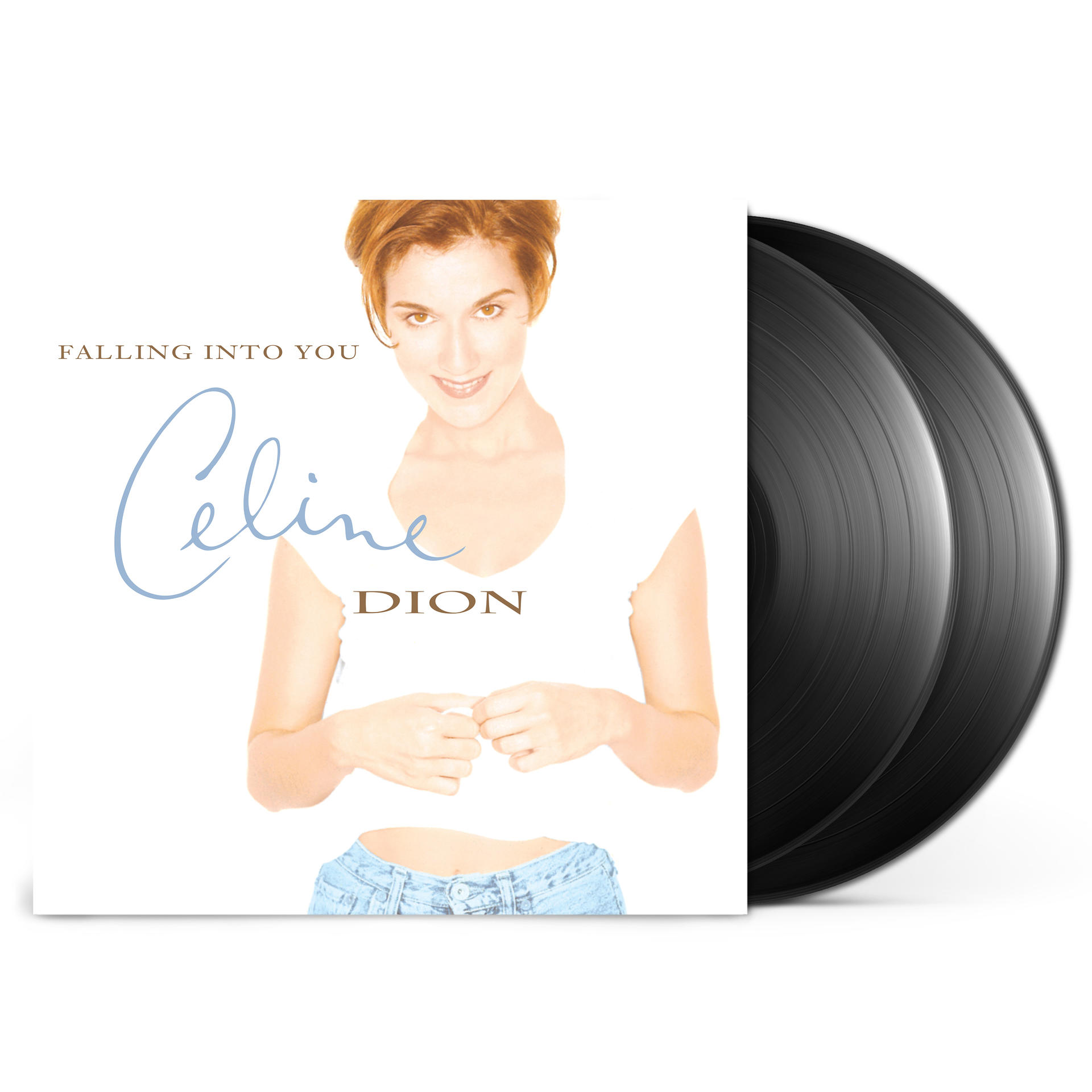 Celine Dion: Falling Into You Vinyl-Cover mit Frau und zwei schwarzen Vinyls.